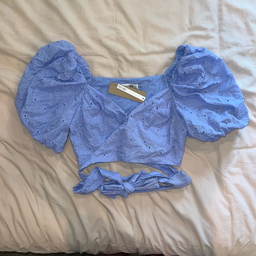 Elegant Blue Puff Sleeve Crop Top